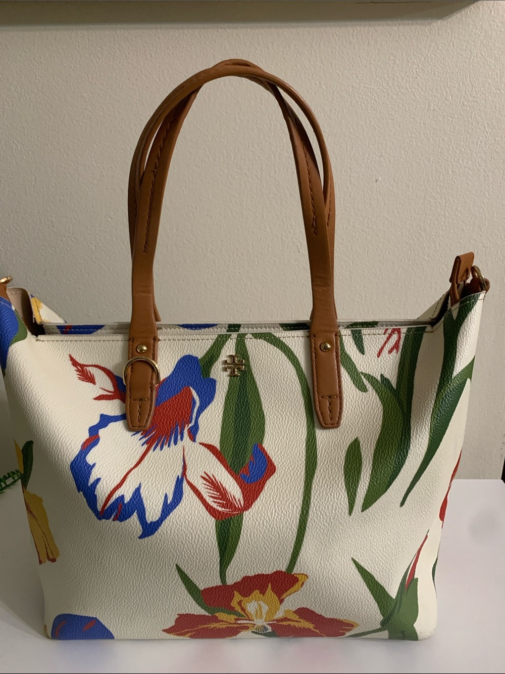 Tory  Burch Floral Print Tote Bag with Tan Handles